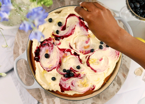 Lemon Olive Oil Cake with Blackberry Ricotta Icing
